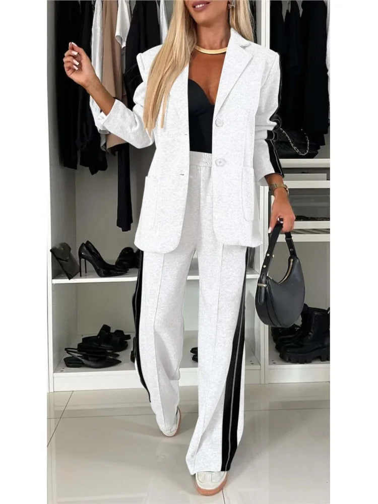 Autumn And Winter New Long Sleeves Suit Women's Suit Fashion Pimp Stitching Pants Pocket Female Office Blazer 2 Piece Set 2024