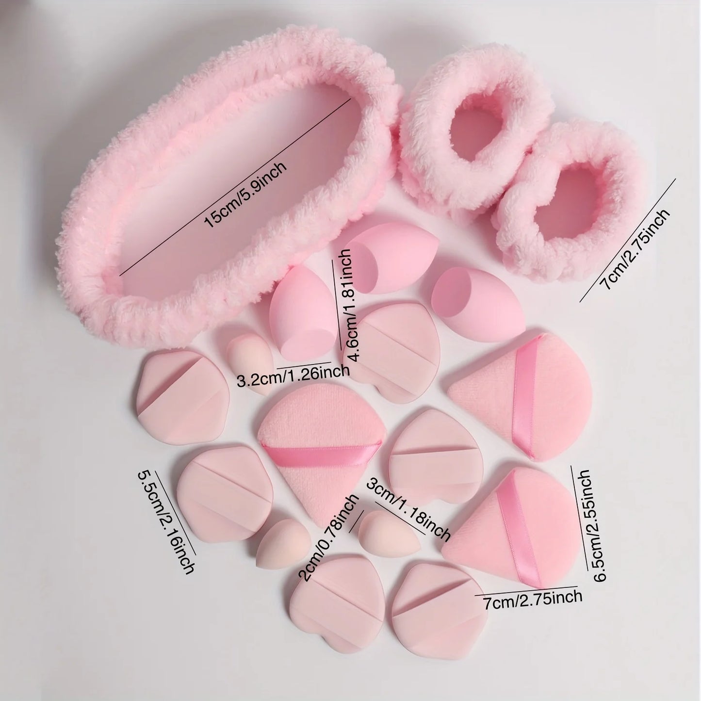 18 piece headband set. 1 hair band & 2 wrist bands & 3 make-up Sponges & 3 Mini Square Air Cushions & 3 triangular powder puff &