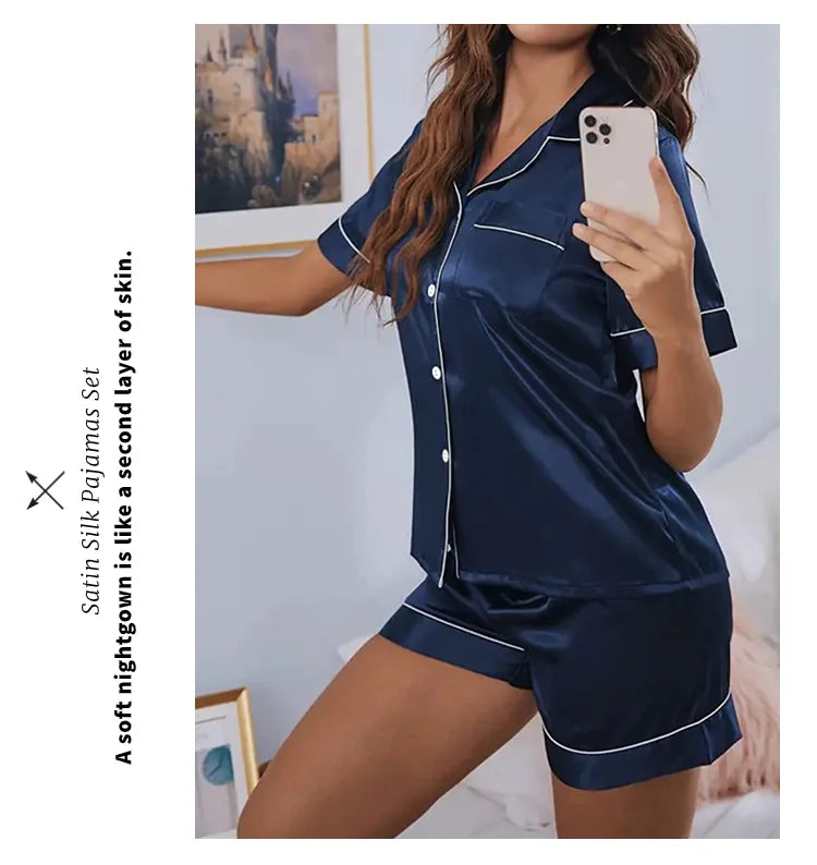 Women Silk Satin Pajamas Set Two-piece Pj Sets Sleepwear Loungewear Button-Down Pajama Women 2 Piece Pijama Homewear Shorts Set