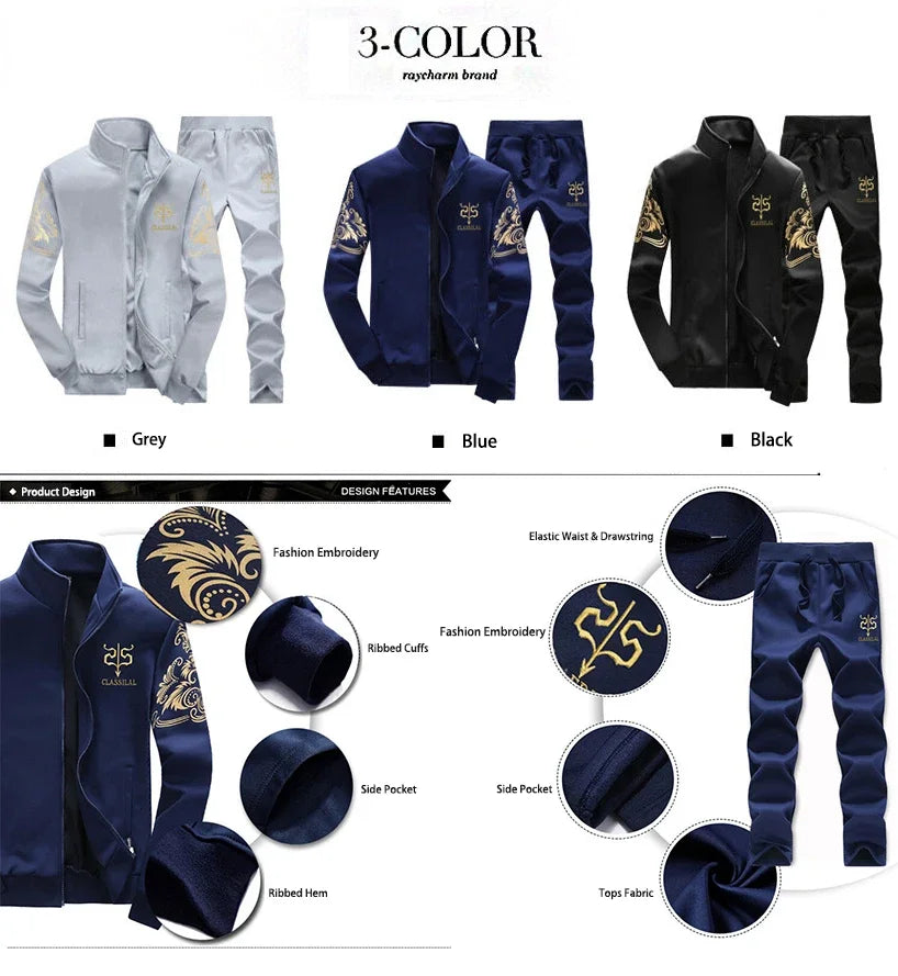 2024 New Men's Tracksuit Fleece Jacket and Sweatpants 2 Piece Set Spring Autumn Sports Suit Long Sleeve Sets Men Sweatsuit Warm