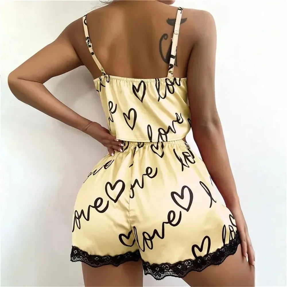 2 Pieces Set Women'S Pajama Shorts Suit Homewear Print Underwear Pijama Sexy Lingerie Camisoles Tanks Nighty Ladies Sleepwear